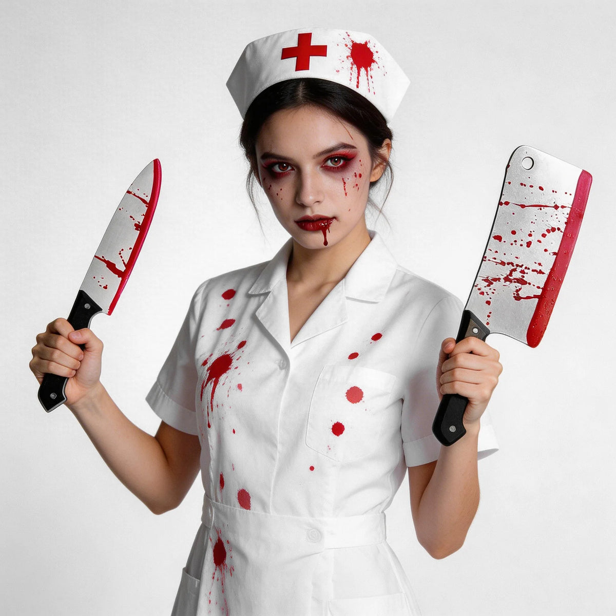 Accessoires factices sanglants d’Halloween, hache, tronçonneuse et couteaux