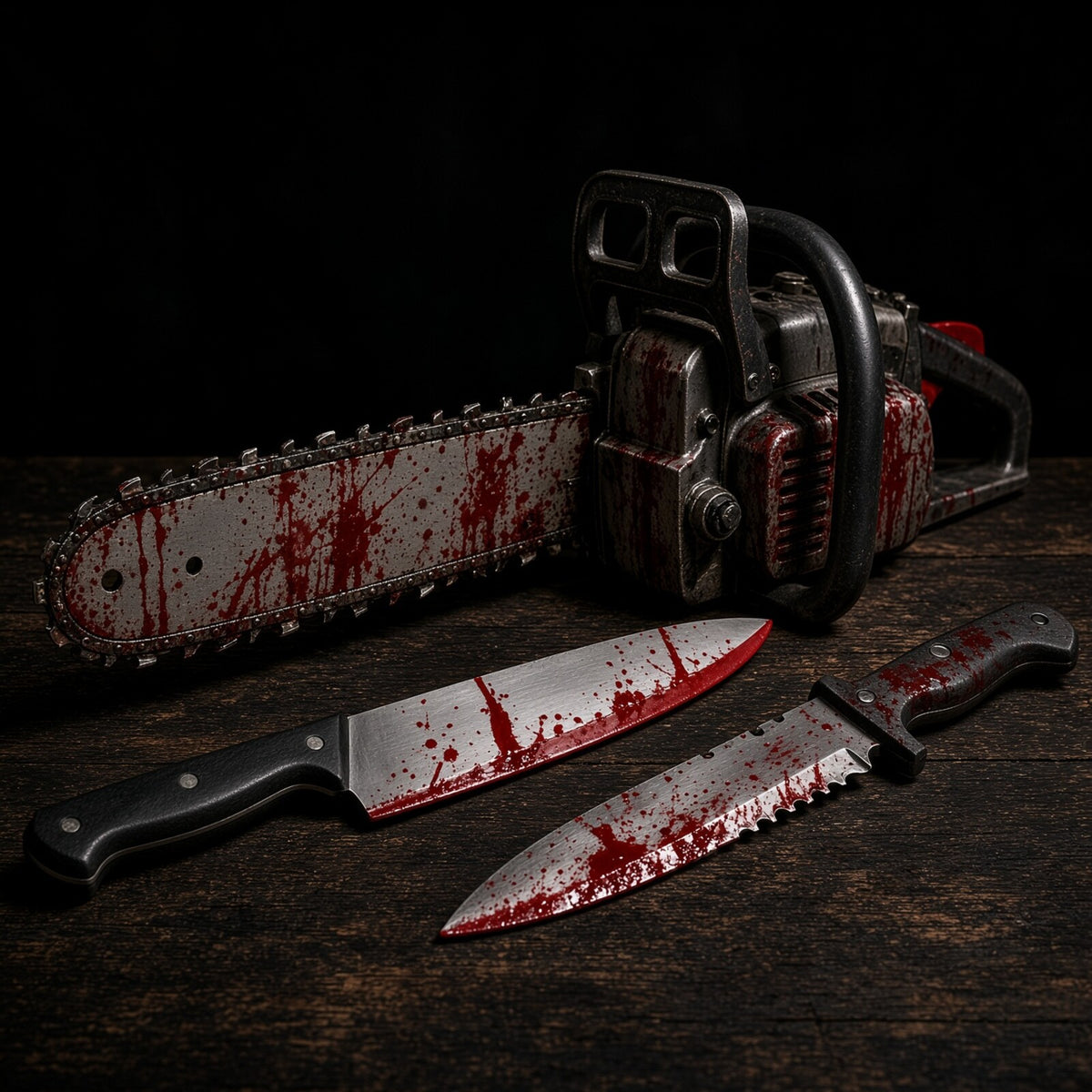 Accessoires factices sanglants d’Halloween, hache, tronçonneuse et couteaux