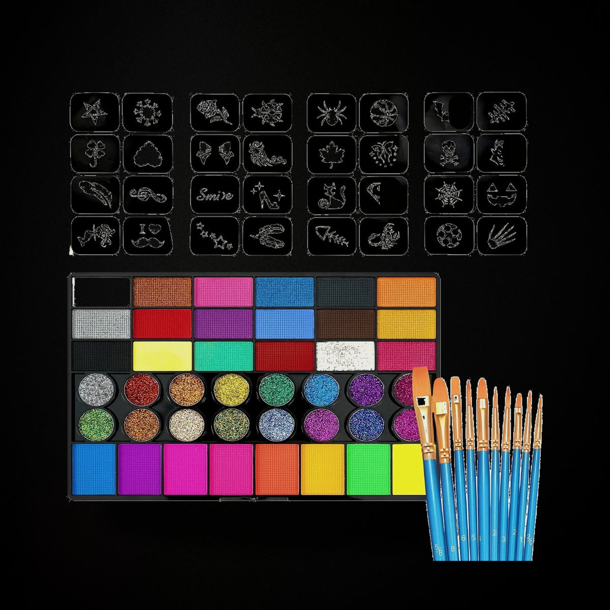 Palette Halloween — 42 couleurs, 10 pinceaux et 24 pochoirs