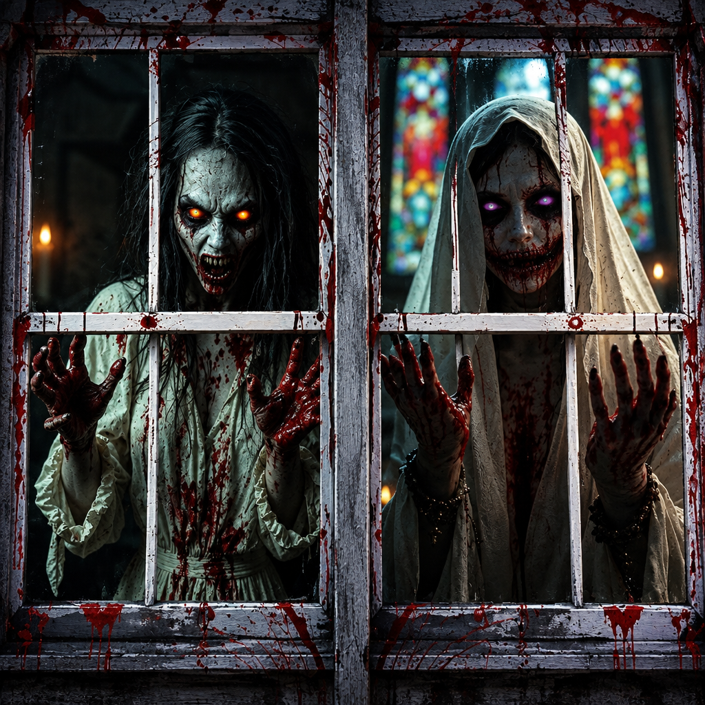 Zombie et religieuse hantée, vue rapprochée